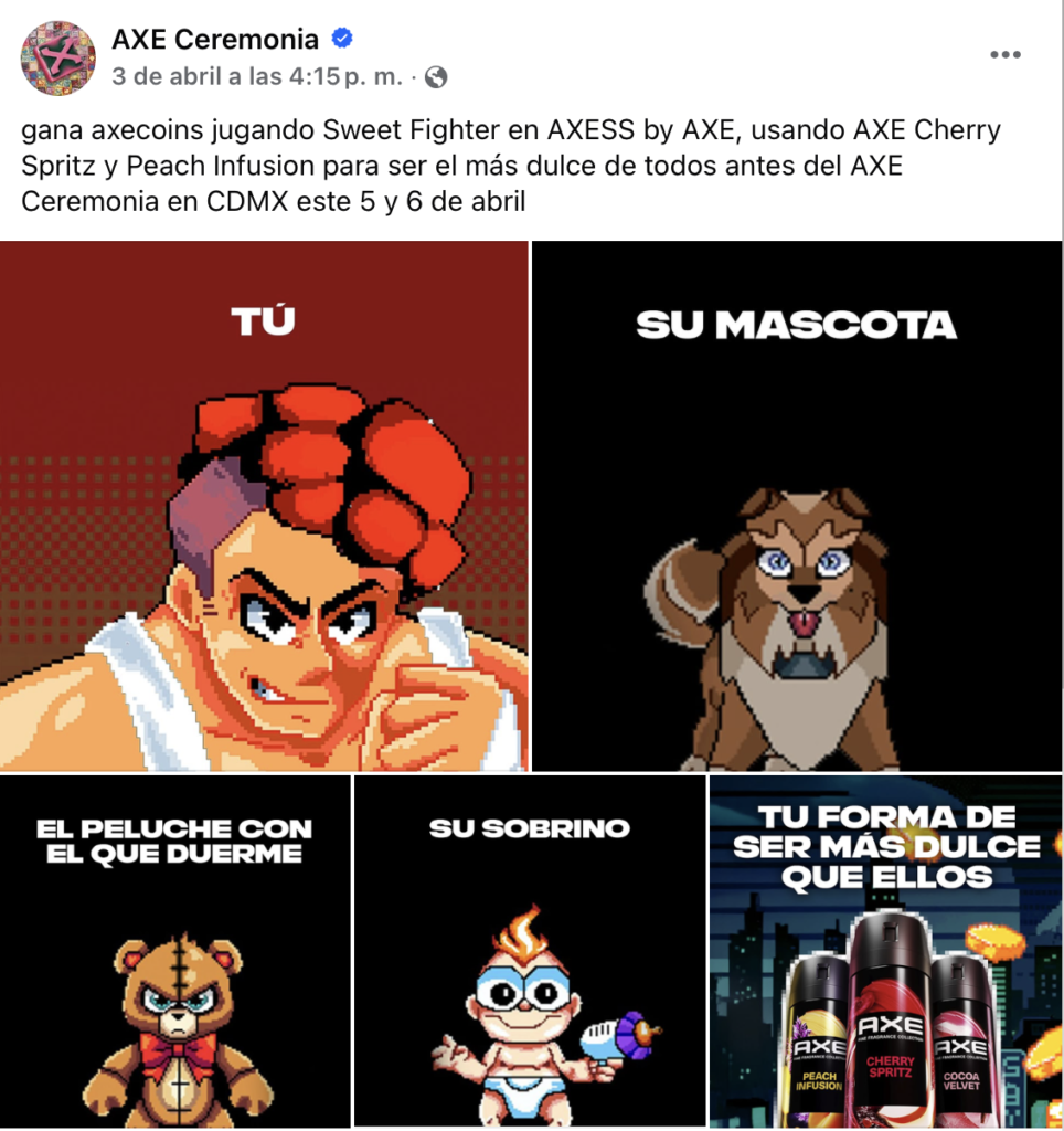 Captura de pantalla de la cuenta oficial de facebook de AXE Ceremonia. En una de las imágenes salen desodorantes AXE.